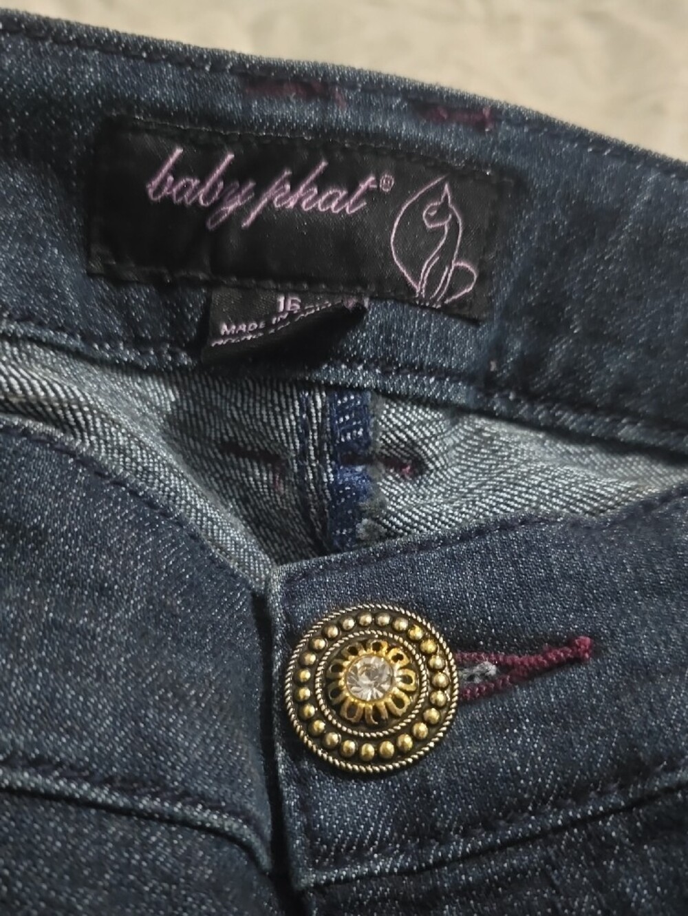 Baby Phat Dark Blue Jeans with Burgundy Rhinestone Logo - Picture 2 of 7